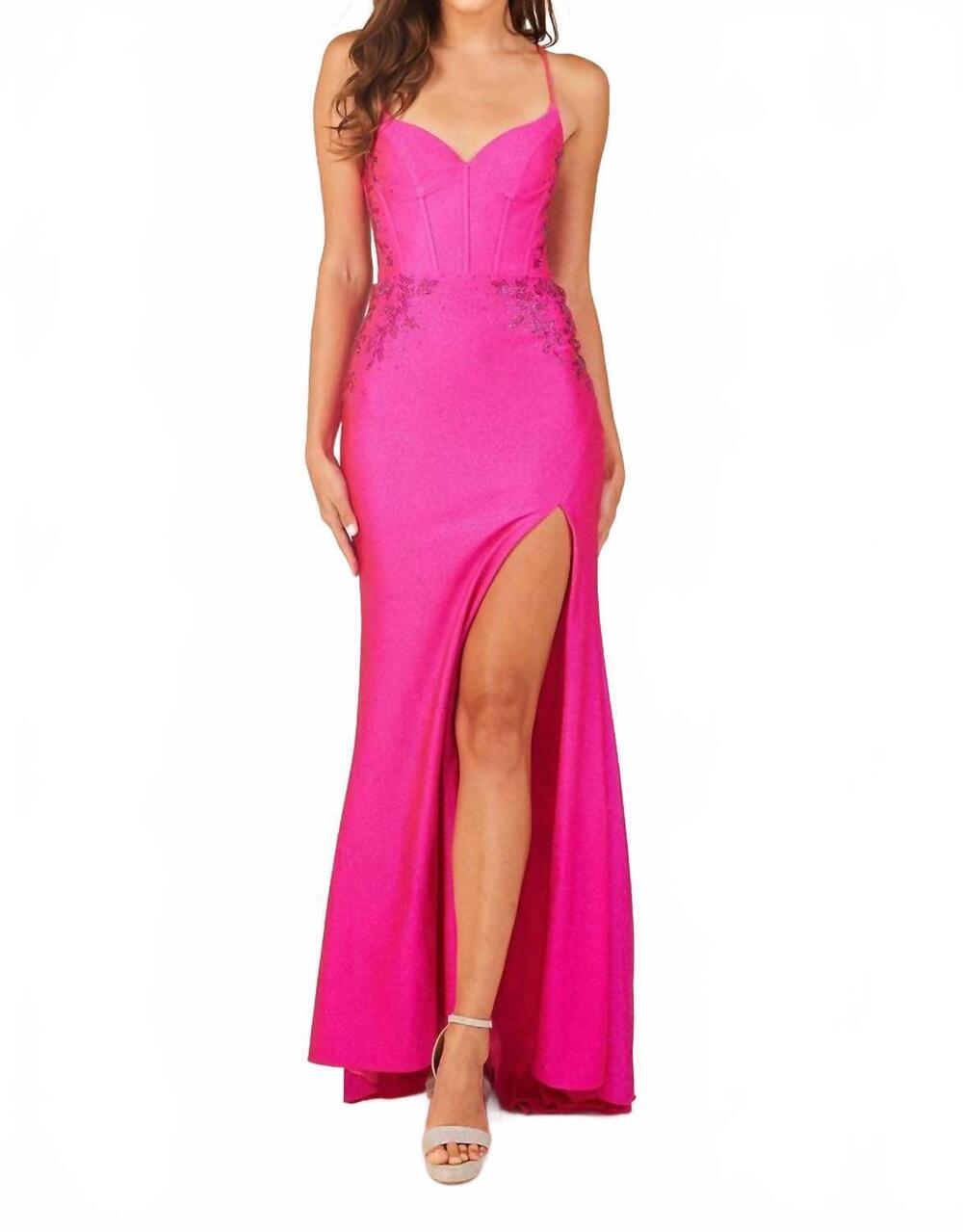 NEW LUCCI LU sweetheart neckline with high slit evening dress in fuchsia